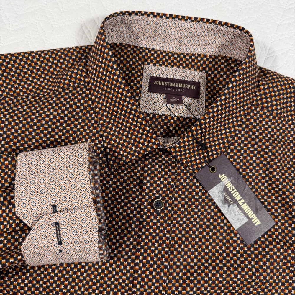 Johnston & Murphy Button Down Shirt Mens XL Orange Brown Geometric Medallion NWT